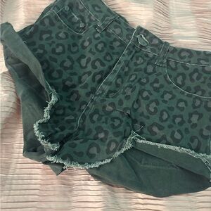 One Teaspoon Green Leopard Print Denim Shorts